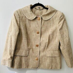Boden Beige Tweed Croped Blazer Long Sleeves Cotton/Silk Blend Pink Lining Sz 16